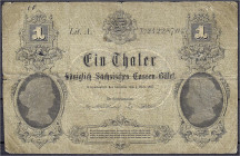 Banknoten
Altdeutschland
Sachsen
1 Thaler Königl. Sächss. Cassen-Billet 2.3.1867. Lit. A. Druck Giesecke & Devrient, Leipzig.
IV, kl. Fehlstellen,...