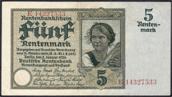 Banknoten
Die deutschen Banknoten ab 1871 nach Rosenberg
Deutsches Reich, 1871-1945
5 Rentenmark 2.1.1926. KN 8-stellig, Serie E.
II. Rosenberg 16...
