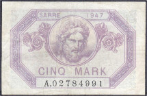 Banknoten
Die deutschen Banknoten ab 1871 nach Rosenberg
Deutsches Reich, 1871-1945
5 Saarmark mit sehr schwachem Rotdruck 1947. Serie A. Wertzahle...