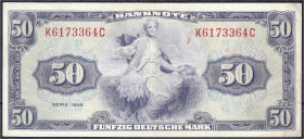 Banknoten
Die deutschen Banknoten ab 1871 nach Rosenberg
Westliche Besatzungszonen und BRD, ab 1948
50 Deutsche Mark, Serie 1948. Serie K/C.
III. ...
