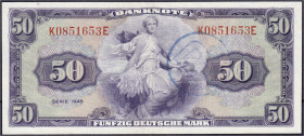 Banknoten
Die deutschen Banknoten ab 1871 nach Rosenberg
Westliche Besatzungszonen und BRD, ab 1948
50 Deutsche Mark 1948, mit B-Stempel für Westbe...