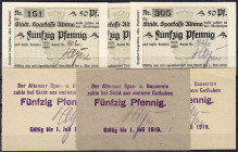 Banknoten
Deutsches Notgeld und KGL
Altona (Schleswig-Holstein)
H. Heyne, 6 Scheine zu je 50 Pfg. Städt. 3 X Sparkasse o. D. gültig bis 1.5.1919 2 ...