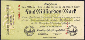 Banknoten
Deutsches Notgeld und KGL
Altona (Schleswig-Holstein)
Altonaisches Unterstützungsinstitut, 5 Mrd. Mark 10.10.1923, gültig bis 30.11.1923 ...