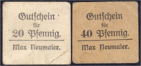 Banknoten
Deutsches Notgeld und KGL
Amberg (Bayern)
2 Scheine Max Neumaier zu 20 und 40 Pfg. o.D. Weißer und brauner Karton. Laut Pick sollte der 2...