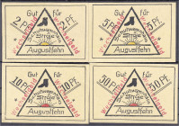 Banknoten
Deutsches Notgeld und KGL
Augustfehn (Oldenburg)
4 Scheine: Schuhwarenhaus Ströje o.D. zu 2, 5, 10 (Einriss) und 50 Pfg. Mit rotem Stempe...