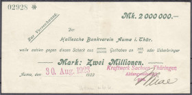 Banknoten
Deutsches Notgeld und KGL
Auma (Thüringen)
Hallescher Bankverein 2 Mio. Mark 30.8.1923. Scheck auf Kraftwerk Sachsen-Thüringen Aktiengese...