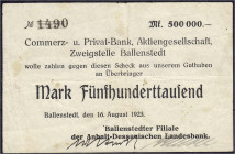 Banknoten
Deutsches Notgeld und KGL
Ballenstedt (Anhalt)
Commerz- und Privatbank 500 Tsd. Mark 16.8.1923. Scheck auf Ballenstedter Filiale.
III- K...