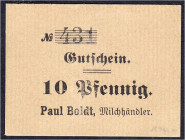 Banknoten
Deutsches Notgeld und KGL
Bergedorf (Hamburg)
Paul Boldt, Milchhändler o.D. 10 Pf. dicker, viereckiger Punkt hinter Pf., Rs. Firmenstempe...