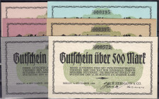 Banknoten
Deutsches Notgeld und KGL
Berlin (Brandenburg)
H.S. Hermann & Co. 5, 10, 20, 50, 100 und 500 Mark 8.9.1922. II. Müller E. 335.1-6. 