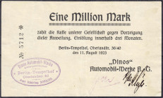 Banknoten
Deutsches Notgeld und KGL
Berlin (Brandenburg)
"Dinos" Automobil-Werke A.G. 1 Mio. Mark 11.8.1923. Mit zwei handschr. Unterschriften, vio...