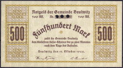 Banknoten
Deutsches Notgeld und KGL
Beulwitz (Thüringen)
Probedruck zu 500 Mark 15.10.1922. Nicht in den Verkehr gekommener Probedruck mit WZ. Fläm...