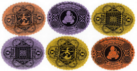 Banknoten
Deutsches Notgeld und KGL
Bielefeld (Westfalen)
6 verschiedene, ovale 4,20 Goldmark Samtscheine 1.12.1923. Mäanderrahmen gelb und lila, G...