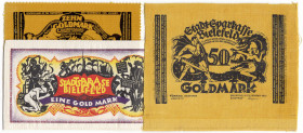 Banknoten
Deutsches Notgeld und KGL
Bielefeld (Westfalen)
3 verschiedene Stoffscheine in Gold-Währung: 1 Goldmark Seide 1.2.1923, 10 Goldmark Samt ...