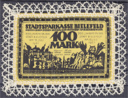 Banknoten
Deutsches Notgeld und KGL
Bielefeld (Westfalen)
100 Mark 15.7.1921 Seide gelb, Französischer Vertragsbruch, ohne Stempel. Mit schöner Spi...