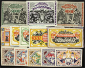 Banknoten
Deutsches Notgeld und KGL
Bielefeld (Westfalen)
Kleine Sammlung von 13 versch. Stoffgeldscheinen, 25 Mark bis 10000 Mark 1922 bis 1923, a...