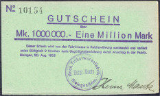 Banknoten
Deutsches Notgeld und KGL
Bisingen (Württemberg)
Mech. Trikotwarenfabrik Heinr. Maute, 1 Mio. Mark auf grünem Karton 20.8.1923. Violetter...