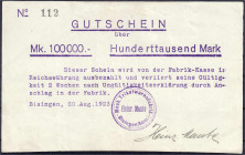 Banknoten
Deutsches Notgeld und KGL
Bisingen (Württemberg)
Mech. Trikotwarenfabrik Heinr. Maute, 100 000,- Mark 20.8.1923. Violetter Büro-Druck mit...