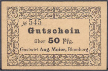 Banknoten
Deutsches Notgeld und KGL
Blomberg (Lippe)
Gutschein über 50 Pfg. o.D. Gastwirt Aug. Meier.
I, selten. Weiß 27b. 