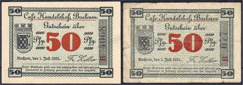 Banknoten
Deutsches Notgeld und KGL
Bochum (Westfalen)
2 Scheine: Cafe Handel...
