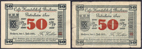 Banknoten
Deutsches Notgeld und KGL
Bochum (Westfalen)
2 Scheine: Cafe Handelshof, 50 Pfg. 1.7.1921. Grund graublau, alle WZ fein und alle WZ fett....