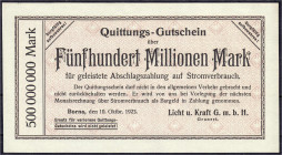 Banknoten
Deutsches Notgeld und KGL
Borna (Sachsen)
Licht u. Kraft G.m.b.H. 500 Mio. Mark 10.10.1923. Ohne Wz. Nicht bei Keller gelistet.
II, sehr...