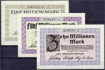 Banknoten
Deutsches Notgeld und KGL
Bramfeld (Schleswig-Holstein)
3 Scheine der Gemeide zu 1, 5 und 10 Mio. Mark 23.8.1923. 1 X winz. Einriss
I bi...