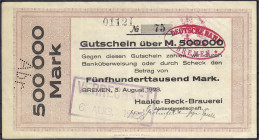 Banknoten
Deutsches Notgeld und KGL
Bremen (Bremen)
Haake-Beck-Brauerei 500 Tsd. Mark 3.8.1923. Mit Stempel "Verrechnet 6. Aug. 1923".
III. Keller...