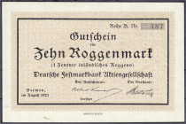Banknoten
Deutsches Notgeld und KGL
Bremen (Bremen)
Deutsche Festmarkbank Aktiengesellschaft 10 Roggenmark August 1923. Wz. Winterwellen, Reihe B....