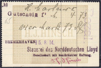 Banknoten
Deutsches Notgeld und KGL
Bremerhaven (Bremen)
Stauerei des Norddeutschen Lloyd GmbH. 4,73 Mark 15.8.1914, Gezähnte Formulare, Datum gest...