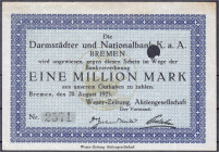 Banknoten
Deutsches Notgeld und KGL
Bremerhaven (Bremen)
Weser Zeitung, Aktiengesellschaft: 1 Mio. Mark 20.8.1923. Wie übl. lochentwertet.
II-III,...