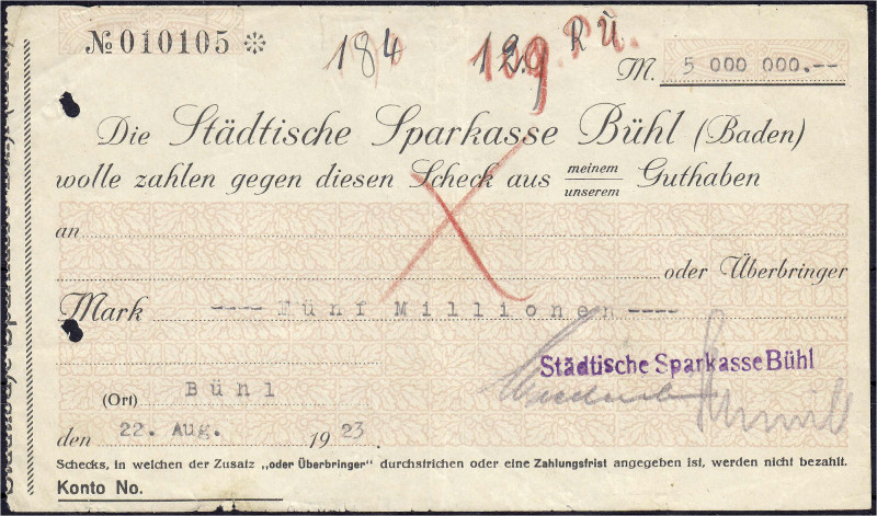 Banknoten
Deutsches Notgeld und KGL
Bühl (Baden)
Städtische Sparkasse 5 Mio. ...