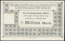 Banknoten
Deutsches Notgeld und KGL
Büren (Westfalen)
Kreissparkasse 5 Mio. Mark 15.8.1923. Gedruckter Eigenscheck o. Wz.
II-, stockfleckig. Kelle...
