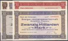 Banknoten
Deutsches Notgeld und KGL
Burgrieden (Württemberg)
Steiger-Aktiengesellschaft: 5 Scheine, 100, 250, 500 Tsd. Mark, 10 und 20 Mrd. Mark. 1...