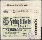 Banknoten
Deutsches Notgeld und KGL
Calw (Württemberg)
3 Inflationsscheine der Oberamtssparkasse 26.10.1923. 10, 20 und 50 Mrd. Mark.
III-IV, selt...