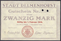 Banknoten
Deutsches Notgeld und KGL
Delmenhorst (Oldenburg)
20 Mark der Stadt 7.11.1918. Ohne KN und lochentwertet.
II. Geiger. 094b. 