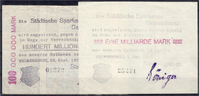 Banknoten
Deutsches Notgeld und KGL
Delmenhorst (Oldenburg)
2 Scheine der Stadt 25.9. u. 1.10.1923. Städtische Sparkasse 100 Mio. und 1 Mrd. Mark....