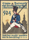 Banknoten
Deutsches Notgeld und KGL
Detmold (Westfalen)
Stadt. 50 Pfg. marschierender Soldat ohne Rangabzeichen, August 1920. Wz Tropfen.
II, Flec...