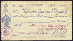 Banknoten
Deutsches Notgeld und KGL
Diepholz (Hannover)
Notscheck der Kreissparkasse 5.9.1923. 20 Mio. Mark. Ohne Wz. mit original Unterschriften. ...