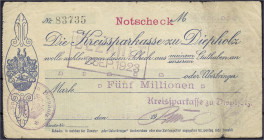 Banknoten
Deutsches Notgeld und KGL
Diepholz (Hannover)
Notscheck der Kreissparkasse 5.9.1923. 5 Mio. Mark. Ohne Wz. mit original Unterschriften u....