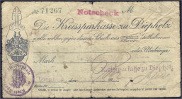 Banknoten
Deutsches Notgeld und KGL
Diepholz (Hannover)
Notscheck der Kreissparkasse 15.8.1923. 2 Mio. Mark. Ohne Wz. mit original Unterschriften. ...