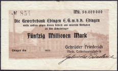 Banknoten
Deutsches Notgeld und KGL
Ebingen (Württemberg)
Gebrüder Friederich Mech. Trikotwarenfabrik. 50 Mio. Mark 1923 auf Scheck der Gewerbebank...