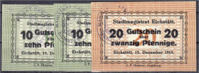 Banknoten
Deutsches Notgeld und KGL
Eichstätt (Bayern)
3 Scheine der Stadtgemeinde. 2 X 10 und 1 X 20 Pfg. 15.12.1919. Alle mit Stempel C.
I und I...