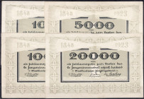 Banknoten
Deutsches Notgeld und KGL
Elberfeld (Rheinland)
4 Scheine Jünglingsbund: 1000, 5000, 10000 und 20000 Mark. o.D. 10000 Mark Fehlstelle obe...