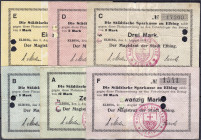 Banknoten
Deutsches Notgeld und KGL
Elbing (Westpr.)
Magistrat: 6 versch. Scheine zu 1, 2, 3, 5, 10 und 20 Mark 5.8.1914. Alle mit Lochentwertung....