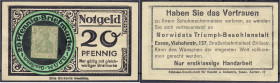 Banknoten
Deutsches Notgeld und KGL
Essen (Rheinland)
Briefmarkengeld, 20 Pfg. grün Germania o.D. Rs. Werbung"Norwidats Triumph-Besohlanstalt".
II...