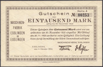 Banknoten
Deutsches Notgeld und KGL
Esslingen (Württemberg)
1000 Mark 2.10.1922 Maschinenfabrik, Reihe A.
II. Müller E. 1485.2. 