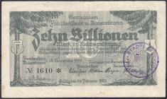 Banknoten
Deutsches Notgeld und KGL
Freudenstadt (Württemberg)
10 Billionen Mark 10.11.1923. Mit violettem Stadtstempel Freudenstadt.
IV, sehr sel...