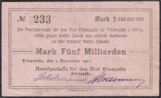Banknoten
Deutsches Notgeld und KGL
Friesoythe (Oldenburg)
Amtssparkasse für das Amt Friesoythe 1.11.1923. 5 Mrd. Mark. Ohne Wz. Datum ganz gedr. D...