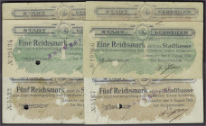 Banknoten
Deutsches Notgeld und KGL
Gebweiler (Elsass)
Stadt: je 2 X 1, 2 und 5 Mark 6.8.1914. Je mit verschiedenen Entwertungen. Der 5 Reichsmark-...