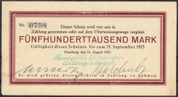 Banknoten
Deutsches Notgeld und KGL
Hamburg (Hamburg)
Panagiotis Avramikos Aktiengesellschaft, 500 Tsd. Mark 16.8.23 - 15.9.1923. Mit Punkt hinter ...